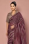 Nazaakat By Samara Singh_Wine Georgette Weave, Lining Butter Crepe Stripe Lapel Print Saree With Blouse_Online_at_Aza_Fashions
