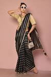 Buy_Nazaakat By Samara Singh_Beige Georgette Weave, Lining Butter Crepe Stripe Lapel Print Saree With Blouse_Online_at_Aza_Fashions