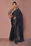 Buy_Nazaakat By Samara Singh_Grey Georgette Weave, Lining Butter Crepe Stripe Lapel Print Saree With Blouse_at_Aza_Fashions