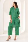Kameez_Green Cotton Printed Stripe Spread Collar Twist Kurta And Pant Set_Online_at_Aza_Fashions