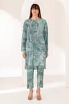 Kameez_Green Cotton Printed Marble Round Neck Kurta And Pant Set_Online_at_Aza_Fashions