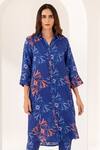 Kameez_Blue Summer Silk Printed Floral Spread Collar Savoy Kurta And Pant Set _Online_at_Aza_Fashions