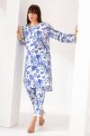 Shop_Kameez_Blue Cotton Embroidery Round Neck Blossom Floral Print Kurta And Pant Set_Online_at_Aza_Fashions