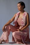 Koashee By Shubitaa_Pink Silk Embroidery, Sequins Open , Square Floral Jacket Pant Set _Online_at_Aza_Fashions