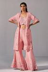 Buy_Koashee By Shubitaa_Pink Silk Zari Open Neck, Floral Blossom Embroidered Jacket Sharara Set _at_Aza_Fashions