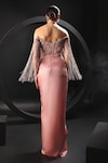 Shop_Amit GT_Peach Tulle Hand Embroidered Thread Off Shoulder Sweetheart Neck Gown _at_Aza_Fashions