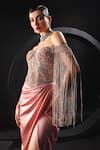 Shop_Amit GT_Peach Tulle Hand Embroidered Thread Off Belle Yoke Draped Gown _Online_at_Aza_Fashions
