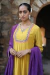 Shop_Label Kinjal Modi_Yellow Fine Chanderi Embroidered Sleeve Hem Work Anarkali Pant Set  _Online_at_Aza_Fashions