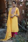 Buy_Label Kinjal Modi_Yellow Chanderi Embroidered Sequins Round Mirror Kurta Pant Set _at_Aza_Fashions