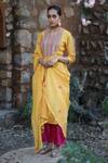 Shop_Label Kinjal Modi_Yellow Chanderi Embroidered Sequins Round Mirror Kurta Pant Set _at_Aza_Fashions