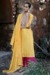 Label Kinjal Modi_Yellow Chanderi Embroidered Sequins Round Mirror Kurta Pant Set _Online_at_Aza_Fashions