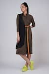 Buy_Krati Jain_Brown Cotton Blend Plain Stand Collar Color Block Shirt Dress _at_Aza_Fashions