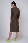 Shop_Krati Jain_Brown Cotton Blend Plain Stand Collar Color Block Shirt Dress _at_Aza_Fashions