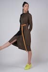 Krati Jain_Brown Cotton Blend Plain Stand Collar Color Block Shirt Dress _Online_at_Aza_Fashions