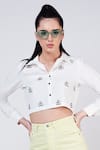 Krati Jain_White Cotton Blend Print Say Cheese Collared Neck Crop Shirt _at_Aza_Fashions