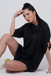 Shop_Krati Jain_Black Cotton Blend Shirting Fabric Plain Cowl Neck Dress _Online_at_Aza_Fashions