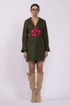 Buy_The Dramebaaz CO_Green Cotton Applique, Embroidery Split V-neck, Plunge Blazer Dress With Corset _at_Aza_Fashions