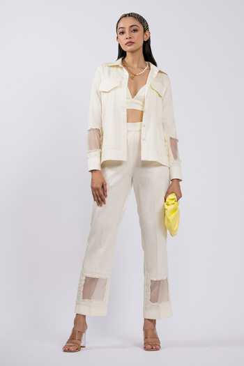 Buy_The Dramebaaz CO_Off White Cotton Sequins V-neck, Collared Applique Jacket Pant Set _at_Aza_Fashions