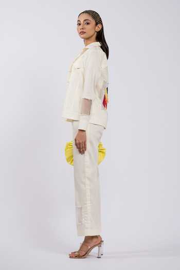 The Dramebaaz CO_Off White Cotton Sequins V-neck, Collared Applique Jacket Pant Set _Online_at_Aza_Fashions