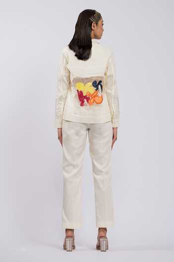Shop_The Dramebaaz CO_Off White Cotton Sequins V-neck, Collared Applique Jacket Pant Set _at_Aza_Fashions