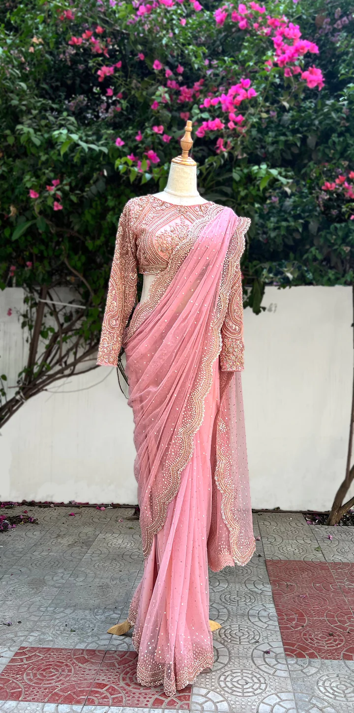 Buy_Riantas_Pink Net Sequins, Beads, Embroidery Boat Neck Valentina Saree_at_Aza_Fashions