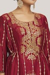 Shop_Sozenkari_Maroon Pure Silk Chanderi Embroidered Gota Dot Asymmetric Anarkali Sharara Set _at_Aza_Fashions