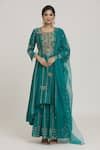 Shop_Sozenkari_Blue Pure Silk Chanderi Embroidered Dot Cluster Asymmetric Anarkali Sharara Set _Online_at_Aza_Fashions