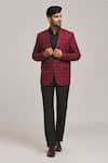 Buy_Aryavir Malhotra_Maroon Poly Viscose Checkered Pattern Tweed Blazer _at_Aza_Fashions