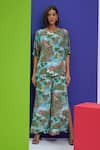 Buy Nautanky Blue Crepe Boat Neck Stop And Share Forest Print & Pant Set at Aza Fashions Buy_Nautanky_Blue Crepe Boat Neck Stop And Share Forest Print & Pant Set _at_Aza_Fashions