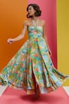 Nautanky_Yellow Natural Crepe Printed Coral Such A Gem Halter Tie-up Maxi Dress  _Online_at_Aza_Fashions