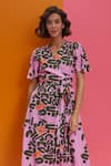 Buy_Nautanky_Pink Natural Crepe Abstract V Neck In A Mood Wrap Detail Tie Up Dress _Online_at_Aza_Fashions