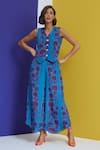 Buy_Nautanky_Blue Crepe Embroidery V-neck Surreal Floral Print Waistcoat And Pant Set _at_Aza_Fashions