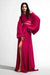 Buy_Deme By Gabriella_Magenta Crepe Asymmetric Gown With Balloon Sleeves _at_Aza_Fashions