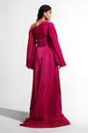 Shop_Deme By Gabriella_Magenta Crepe Asymmetric Gown With Balloon Sleeves _at_Aza_Fashions