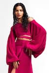 Deme By Gabriella_Magenta Crepe Asymmetric Gown With Balloon Sleeves _Online_at_Aza_Fashions