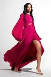 Shop_Deme By Gabriella_Magenta Crepe Asymmetric Gown With Balloon Sleeves _Online_at_Aza_Fashions