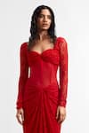 Deme by Gabriella_Red Embroidery Sweetheart Neck Kat Draped Dress _Online_at_Aza_Fashions