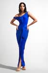 Buy_Deme by Gabriella_Blue Malai Lycra Plain Asymmetric Nellie One Shoulder Draped Dress _at_Aza_Fashions