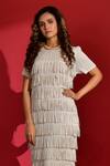 Crimp_White 100% Polyester Textured Round Fringe Lined Dress _Online_at_Aza_Fashions