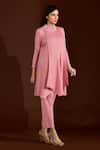 Shop_Crimp_Pink Polyester High Neck A-line Pleated Top And Pant Set _at_Aza_Fashions