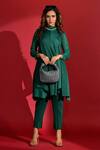 Shop_Crimp_Emerald Green Polyester High Neck Pleated A-line Top And Pant Set_at_Aza_Fashions