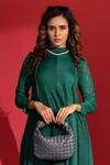 Crimp_Emerald Green Polyester High Neck Pleated A-line Top And Pant Set_Online_at_Aza_Fashions