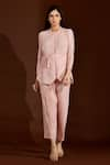 Shop_Crimp_Pink 100% Polyester Pleated Textured Round Neck Metallic Top And Pant Set _at_Aza_Fashions