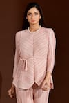 Crimp_Pink 100% Polyester Pleated Textured Round Neck Metallic Top And Pant Set _Online_at_Aza_Fashions