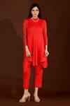 Buy_Crimp_Red Polyester High Neck Pleated Asymmetric Top And Pant Set_at_Aza_Fashions