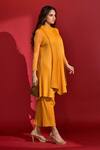 Shop_Crimp_Yellow Polyester Embroidery High Neck Asymmetric Pleated Top And Pant Set_at_Aza_Fashions