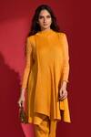 Buy_Crimp_Yellow Polyester Embroidery High Neck Asymmetric Pleated Top And Pant Set_Online_at_Aza_Fashions