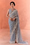 Buy_SUMMER BY PRIYANKA GUPTA_Blue Georgette Hand Embroidered Cutdana V Neck Adenna Rays Saree With Blouse_at_Aza_Fashions