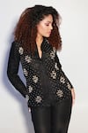 Buy_Echke_Black Cotton Pearls, Stones Split V-neck Embellished Shirt And Pant Set _at_Aza_Fashions