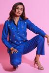 Echke_Blue Cotton Crystals, Stones Split V-neck Embroidered Shirt And Pant Set _Online_at_Aza_Fashions